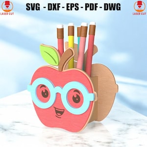 Apple Pencil Holder Svg Teacher Gift Laser Cut, Laser Cut Pen Holder Wooden Desk Storage, Pencil Teacher, School Sign Glowforge Cut Files