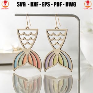 Mermaid Tail Earrings Svg Cut File, Fish Tail Earrings Laser Cut, Mermaid&#39;s Tail Dangle Earrings Glowforge, Summer Sea Earrings Laser Cut
