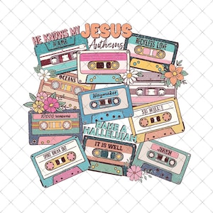 Jesus Anthems 90s Retro Christian Collage, Popular Christian Png Files, Retro Christian Radio Png, Cassette Tapes Png, Religious Gifts Png