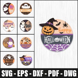 Halloween-deurbord lasergesneden bundel, Halloween-deurhanger SVG-bundel, Halloween-rond bord lasergesneden, deurdecor rond houten bord