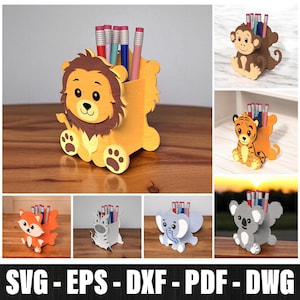 May include: A collection of wooden animal-shaped pencil holders, featuring a lion, monkey, tiger, fox, zebra, elephant, and koala. Each holder is designed to hold pencils and has a unique animal design. The image also displays the text "SVG - EPS - DXF - PDF - DWG".