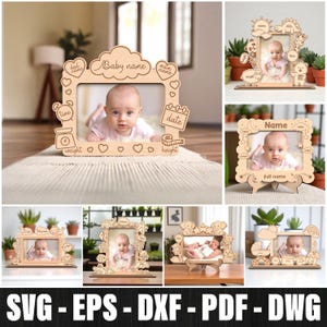 Op de afbeelding: Houten baby fotolijsten met decoratieve uitsparingen. De frames bevatten ruimtes voor de naam, datum, gewicht en lengte van de baby. De frames worden weergegeven met een babyfoto erin. De tekst "SVG - EPS - DXF - PDF - DWG" staat onderaan.