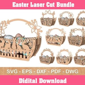 イースターバスケット レーザーカット SVG バンドル、イースターギフトバスケット レーザー SVG、ハッピーイースターエッグバスケットデザイン、レーザーカットイースターバスケット Glowforge 木製