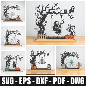 May include: A collection of Halloween-themed wooden decorations featuring a tree with a swing. Each decoration includes a different spooky character, such as a skeleton, ghost, witch, and zombie. The decorations are displayed on a wooden base.