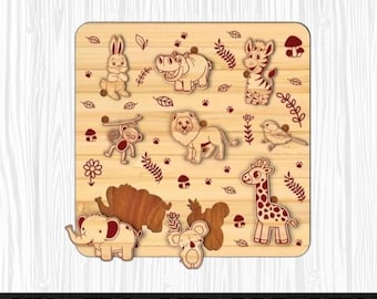 Puzzle animaux de la forêt découpé au laser, jeu pour enfants conception Svg, puzzle animaux de safari découpé au laser jeu en bois Svg, puzzle animaux de la forêt découpé au laser