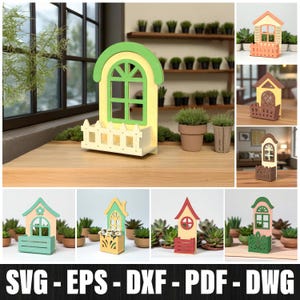 Puede incluir: Una colección de recortes de casas y ventanas de madera en miniatura en varios colores. La imagen principal presenta una ventana amarilla con una parte superior arqueada verde y una valla blanca. Otros diseños incluyen casas con balcones y elementos decorativos. La parte inferior de la imagen muestra el texto: SVG - EPS - DXF - PDF - DWG.