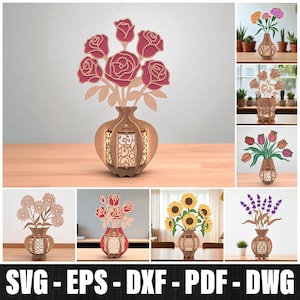 Flower Vase Laser Cut Bundle, Laser Cut 3D Flowers Vase Table Decor Svg, Glowforge Wooden 3d Flowers Pot, Flowers Bouquet Vase Svg Cut File
