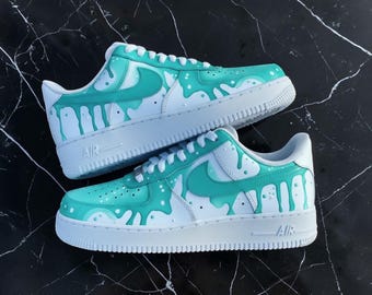 Custom Hand Painted Air Force 1, Gradient Turquoise Drip AF1 Sneakers