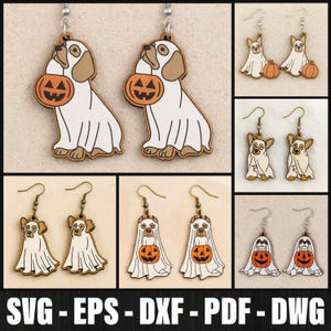 Pumpkin Ghost Dog Earrings Svg Bundle, Dog Halloween Earring Laser, Ghost Earring Svg, Ghost Dog Wood Earring Svg, Hobo Halloween Earring