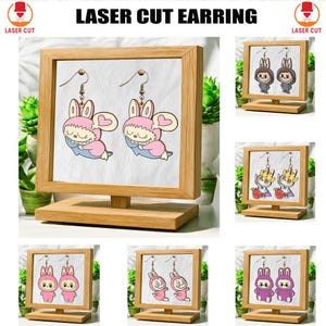 Adorabili orecchini a forma di coniglietta tagliati al laser, graziosi orecchini Labubu, divertenti orecchini in legno con mostri in formato SVG, orecchini fai da te con personaggi dei cartoni animati