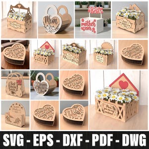 Mothers Day Svg Laser Cut Flower&#39;s Pots, Bundle, Mother’s Day Heart Gift Box Laser Cut SVG Bundle, Mother&#39;s Day Flower 3D Laser Cut