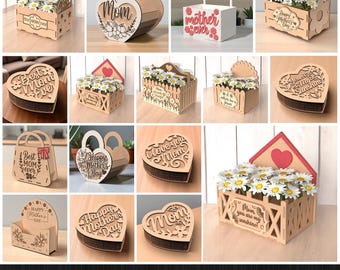 Mothers Day Svg Laser Cut Flower&#39;s Pots, Bundle, Mother’s Day Heart Gift Box Laser Cut SVG Bundle, Mother&#39;s Day Flower 3D Laser Cut