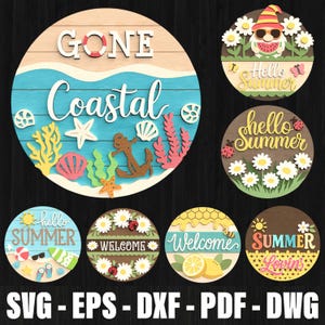 Hello Summer Door Sign Svg Bundle Laser Cut, Summer Round door hanger laser Cut, Tropical Welcome Sign Files, Summer Porch Decor Laser Cut