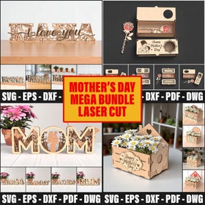 Mothers Day Laser Cut Bundle SVG, Mothers Day Flower Box Svg, Mother&#39;s Day Sign Laser Cut Svg, Mothers Day Laser Gift, Mothers 3D Boxes Gift
