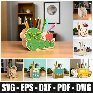 School Pencil Holder Svg Bundle Laser Cut, Pencil Pen Holder Kids Room Decor, Teacher Gift Desk Organizer Cutting, Childrens Organizer Svg