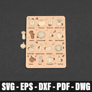 Vegetable Puzzle for Kids Svg Laser Cut, Wooden puzzle vegetables cut, Vegetables Montessori Learning Board Svg, Food Matching Toy for Kids