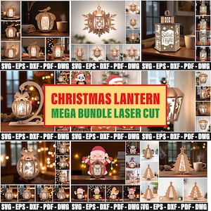 May include: A collection of laser-cut Christmas lanterns in various designs, including snowflake, pumpkin, and lantern shapes. The lanterns are made of wood and feature intricate cut-out patterns. The image includes the text "CHRISTMAS LANTERN MEGA BUNDLE LASER CUT."