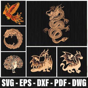 Könnte beinhalten: Eine Sammlung von lasergeschnittenen Holzdesigns mit Fabelwesen. Enthält einen Phönix, einen Drachen, einen Pfau und andere Drachendesigns. Die Designs sind in Braun- und Beigetönen auf schwarzem Hintergrund gehalten. Der untere Teil des Bildes zeigt den Text "SVG - EPS - DXF - PDF - DWG".