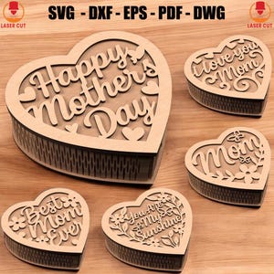 Muttertag Herz Geschenkbox Laser geschnitten SVG-Bundle, Muttertag Blumenkasten Schneidedatei, Muttertagsschild Laser Cut svg, Herzfamilie 3D Laser Cut