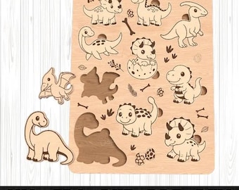 Cute Dinosaur Puzzle for Kids Svg Laser Cut, Wooden Dino SVG Puzzle Svg, Montessori Wooden Puzzle Toy Cut, Toddler Educational Dinosaur Game