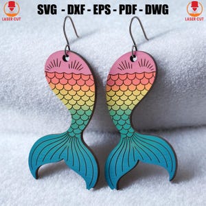 Mermaid Tail Earrings Svg Laser Cut, Laser Cut Jewelry Files, Mermaid&#39;s Tail Dangle Earrings Glowforge Laser Cut, Mermaid Earring Cut File