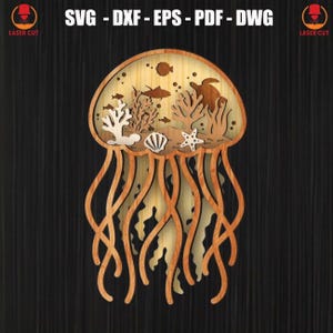 Jellyfish Multilayer Svg Laser, Jellyfish Ocean Animals 3D Wooden Cut, Ocean Animals Multilayer 3D Wooden Cut, Sea Jellyfish Mandala Svg