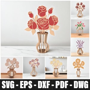3D Flower Vase Bundle Laser Cut, Vase Wood Flowers Cutfile Svg, Wild Flowers Bouquet Laser Cut File, 3D Flowers Vase Table Decor Svg Cutting