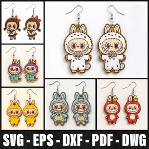 Cute Labubu Earrings SVG Bundle Laser Cut, Kawaii Monster Bunny Jewelry, Glitter Wood Dangle Stud Earrings, Labubu Exciting Macaron Earrings