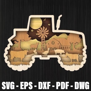 Multilayer Tractor Farmhouse SVG Laser Cut Files, Farmhouse Tractor Layered Mandala Svg Decor Cut, Farm Animals Svg, Farm Tractor Farm Scene