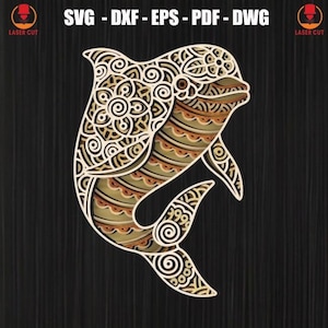 Dolphin Mandala Laser Cut Files, Dolphin 3D Laser Cut Svg, Dolphin For Wood Multilayer 3D Svg, Ocean Multilayer Panel For Laser Cutting
