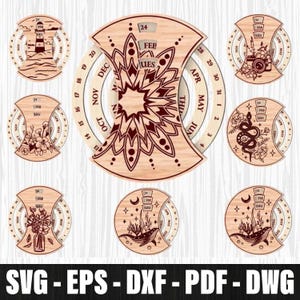 Runder ewiger Kalender Mandala Bundle Laser Cut, runder Blumenkalender aus Holz Boho Gravuren Schneiden, ewiger Kalender Laser Cut