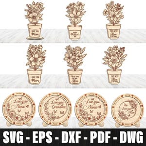 Mom Flower Bouquet With Stand Svg Laser Cut File, Standing Pot Flowers For Mom Glowforge Digital Download, Happy Mother’s Day Gift Laser Cut