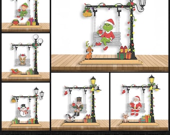 Grappig kerstpersonage op schommel lasergesneden bundel, houten kersttafeldecor, kersttafeldecoratie lasergesneden, Glowforge svg-bestand