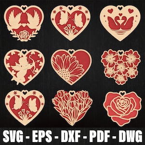 Valentine Heart Svg Bundle Laser Cut, Valentine Heart Ornaments Laser Cut, Heart Vector cnc Glowforge File, Flower Heart Holder Laser Cut