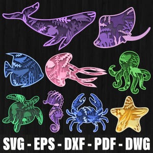 Ocean Animals Layered SVG Bundle Laser Cut, 3D Ocean Animals Laser Cut, Decoration Ornament Glowforge Make, Ocean Animals Multilayer 3d