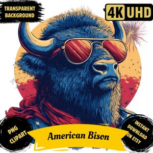 Può includere: Un bisonte americano blu con occhiali da sole e una bandana rosso, bianco e blu. Il bisonte è davanti a uno sfondo rosso, bianco e blu con fuochi d'artificio. Il testo "American Bison" è in lettere gialle su uno stendardo giallo.