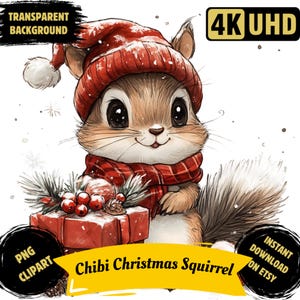 May include: A cute cartoon squirrel wearing a red Santa hat and scarf, holding a red gift box with green pine branches and red berries. The background is white with snowflakes.