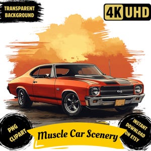 Muscle Car Scenery PNG Clipart Set, Watercolor Vintage Muscle Sport Car Printable Art Illustration, Muscle Car Mug Tshirt Sublimation Pack