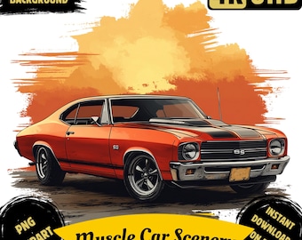 May include: A red muscle car with black stripes and chrome accents. The car is set against a yellow and orange watercolor background. The text "4K UHD" and "Muscle Car Scenery" are visible in the image.