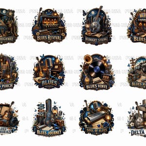 Blues-PNG-Bundle – Vintage-Blues-Cliparts, Gitarren- und Mundharmonika-Aufkleber, Soulful-Musik-Kollektion zum Drucken auf Anfrage