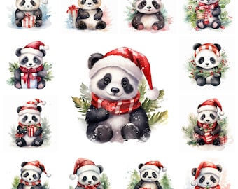 30 Christmas Panda PNG Clipart Bundle, Watercolor Festive Digital Art JPEG Instant Download, Xmas Paper Craft Illustration, Commercial Use