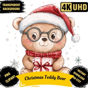 Christmas Teddy Bear PNG Printable Clipart, Watercolor Xmas Fluffy Bear Sublimation, Festive Teddy Bear Images, Commercial Use