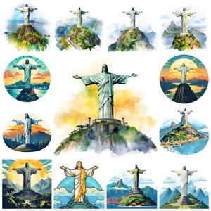 May include: A watercolor painting of the Christ the Redeemer statue in Rio de Janeiro, Brazil. The statue is depicted in various poses and angles, with a backdrop of lush green mountains and a blue sky.
