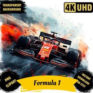 May include: A red Formula 1 racing car speeding around a track with a fiery orange and red background. The car has the number 6 on the side and the words "Pirelli" and "Ferrari" on the front. The text "4K UHD" is in the top right corner of the image. The text "Formula 1" is in the bottom centre of the image.
