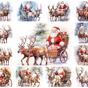 53 Bundle de cliparts PNG père Noël carrosse, traîneau volant de Noël aquarelle, illustration d'artisanat en papier Ho Ho Ho, usage Commercial