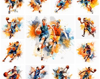 25 Basketball PNG Clipart Bundle, Watercolor Basketball Player Digital Art JPEG Instant Download, Paper Craft Illustration, Commercial Use