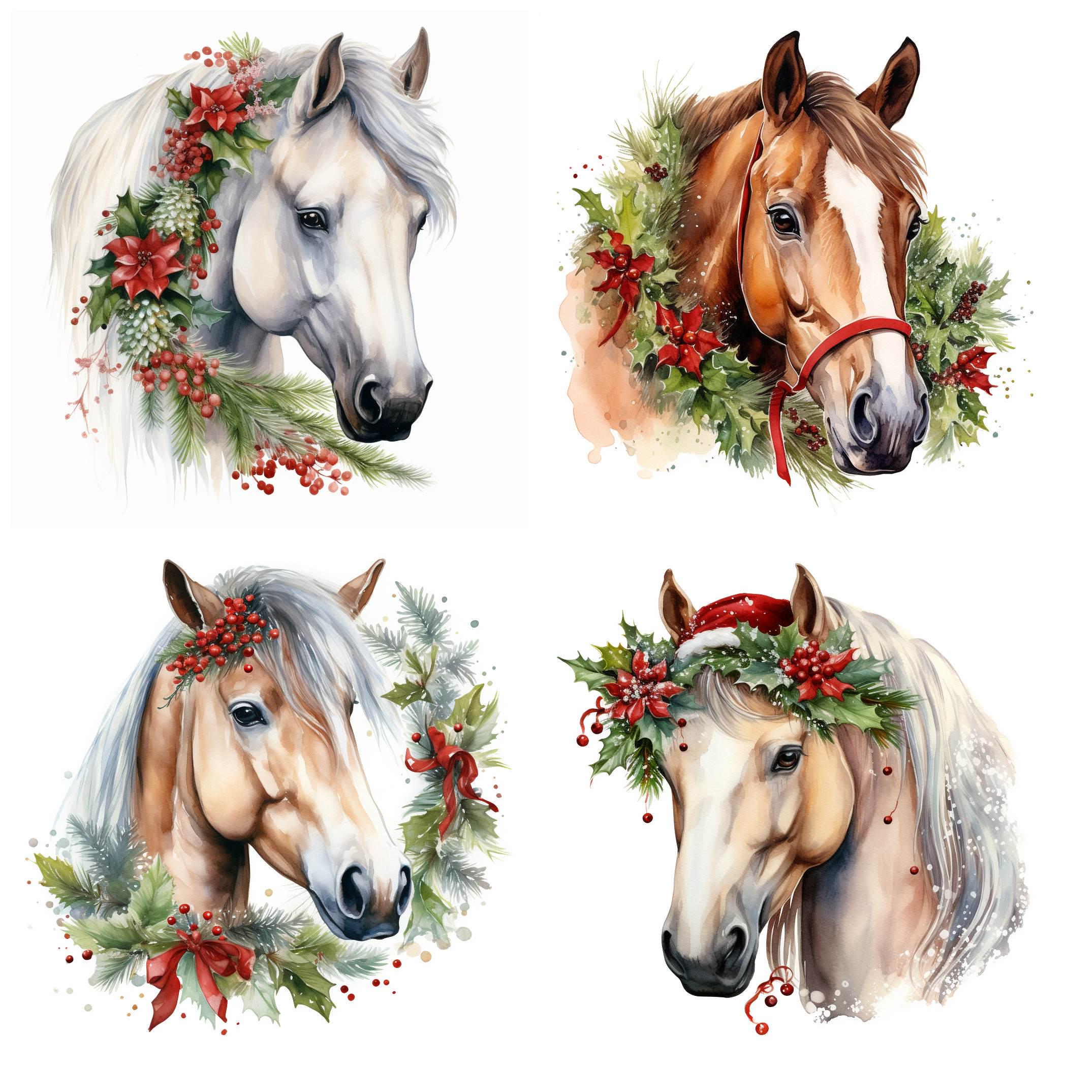 30 Christmas Horse PNG Clipart Bundle, Watercolor Festive Pony Images ...