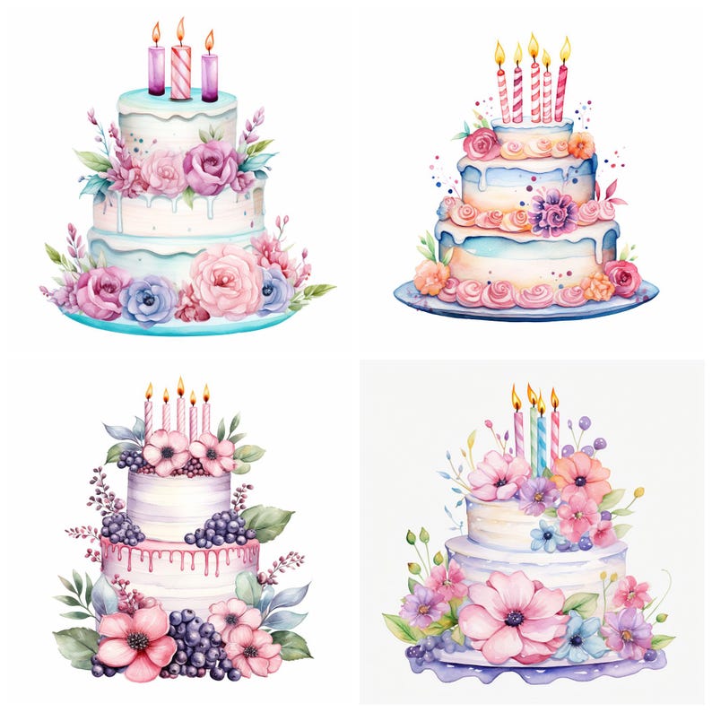 Watercolor Birthday Cake PNG Clipart Bundle, Happy Birthday Cake ...