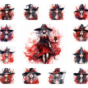 Puede incluir: Colección de ilustraciones en acuarela que representan mujeres vestidas de brujas. Cada bruja lleva pelo largo, un sombrero negro y un atuendo rojo y negro. La obra de arte tiene un tema de fantasía, ideal para Halloween.
