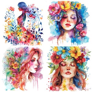 May include: Four watercolor paintings of women with flowers in their hair. Each painting features a different woman with a unique floral arrangement. The paintings are done in a soft, romantic style.